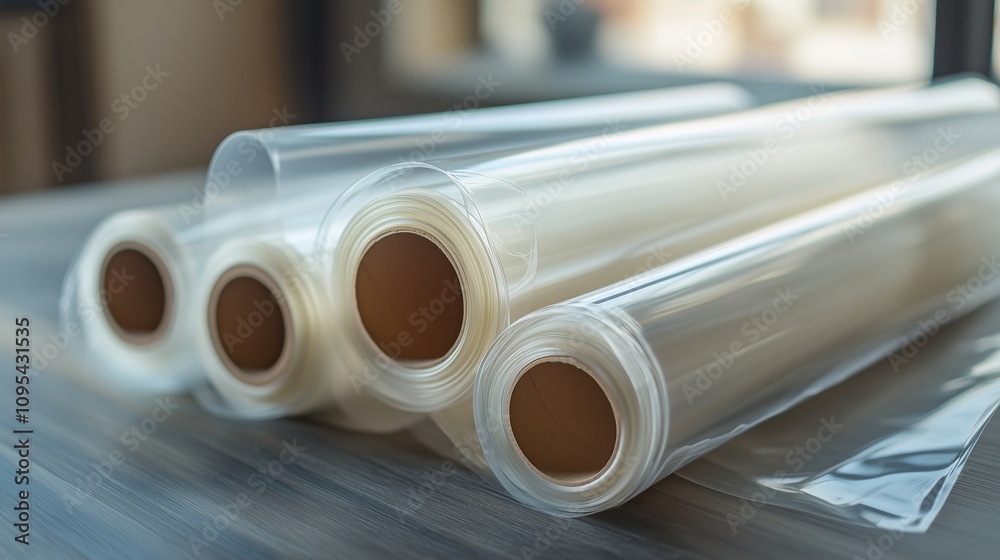 Several rolls of transparent film lying on the table. The film is neatly rolled and has a smooth texture, creating a feeling of cleanliness and order. This film can be used for packaging.