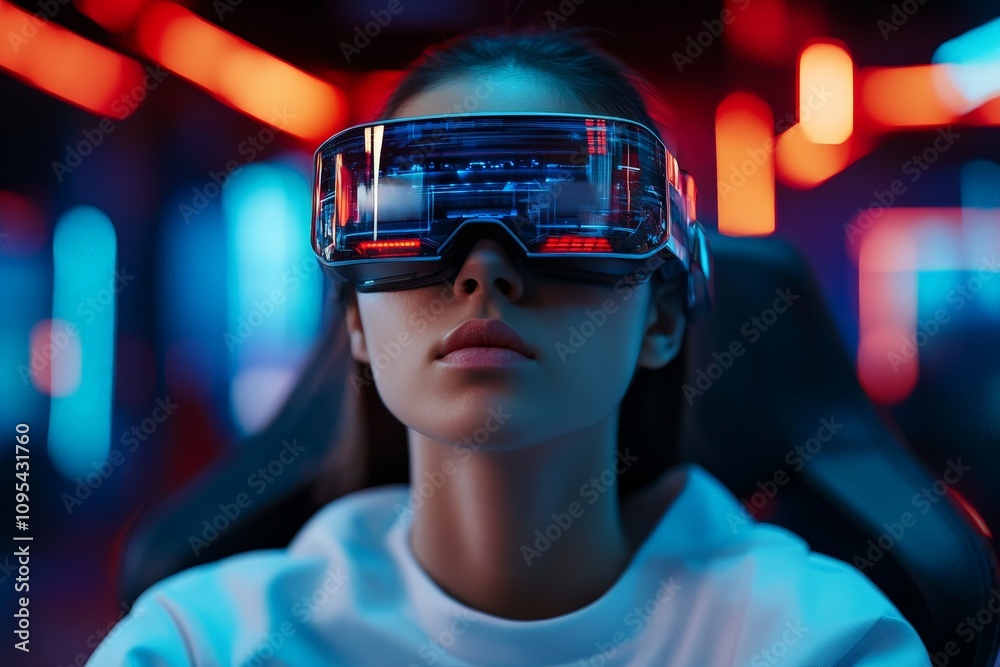 A young individual immersed in virtual reality, wearing a futuristic headset, representing modern gaming technology and the evolution of digital entertainment mediums. A young individual immersed in virtual reality, wearing a futuristic headset, representing modern gaming technology and the evolution of digital entertainment mediums.