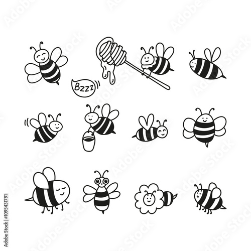 Hand drawn bee character collection. Nature insects doodle illustration