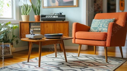 Mid-century modern living room with record player, armchair, and plants.