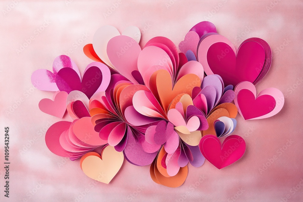 A vibrant Valentinea??s card with an explosion of paper cut hearts in various pink tones set against a light pink velvet background. A vibrant Valentinea??s card with an explosion of paper cut hearts in various pink tones set against a light pink velvet background.
