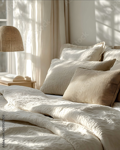 A closeup shot of the chic linen coverlet and pillows on an elegant bed in soft neutral tones The bedroom is bathed in natural light from large windows with sheer curtai photo