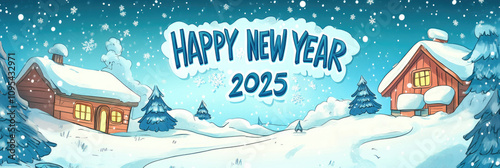 Congratulation a Happy New Year 2025 on winter fairytale snow landscape with houses and fir trees background. Festive Illustration banner