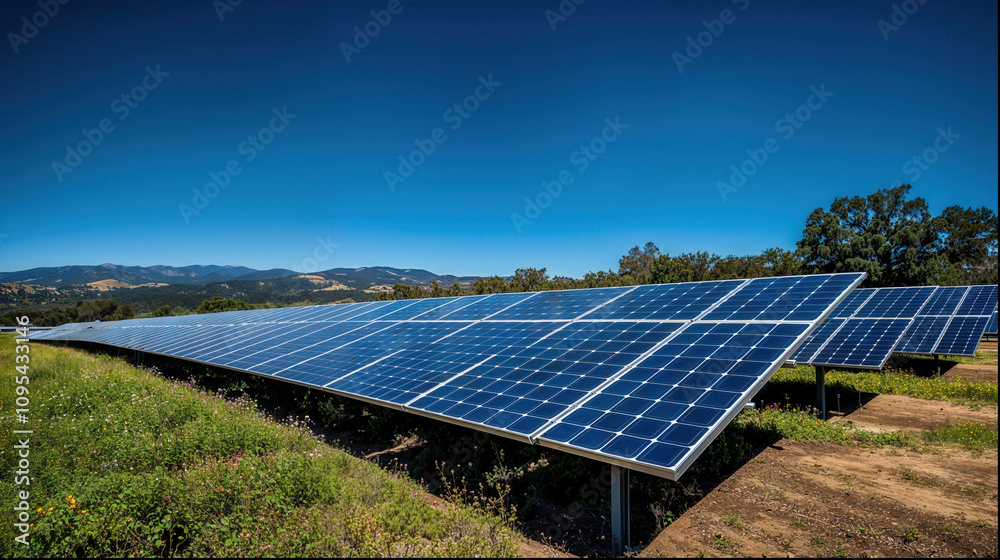 Sun reflection on solar panel field farm. renewable energy. renewable energy to businesses, homes and smart city. new generation of power. clean and environmental friendly