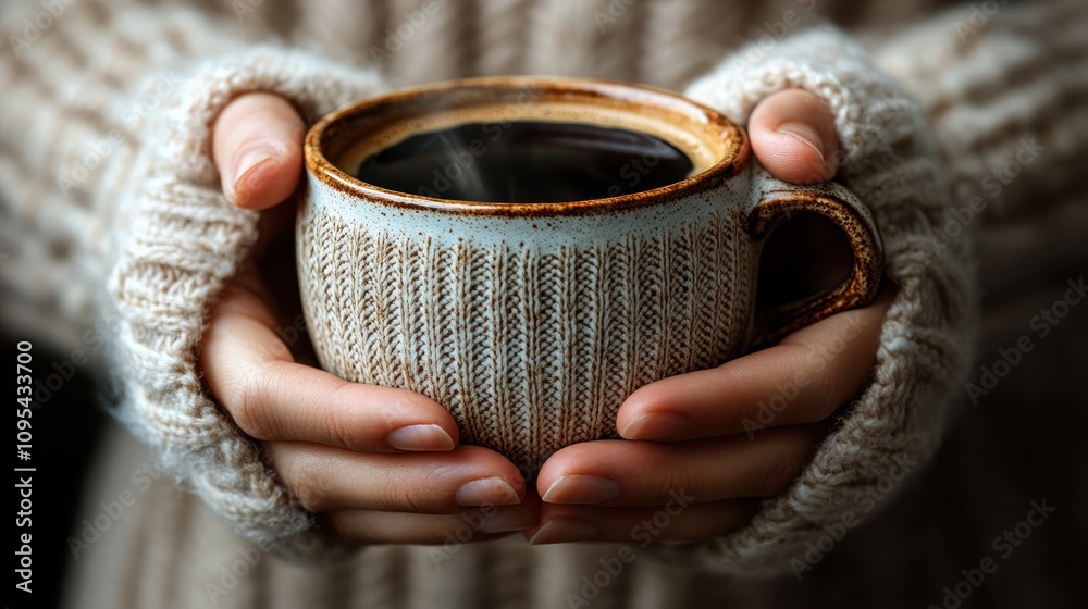 Woman's hands in warm gloves holding a steaming cup of coffee. Woman's hands in warm gloves holding a steaming cup of coffee.