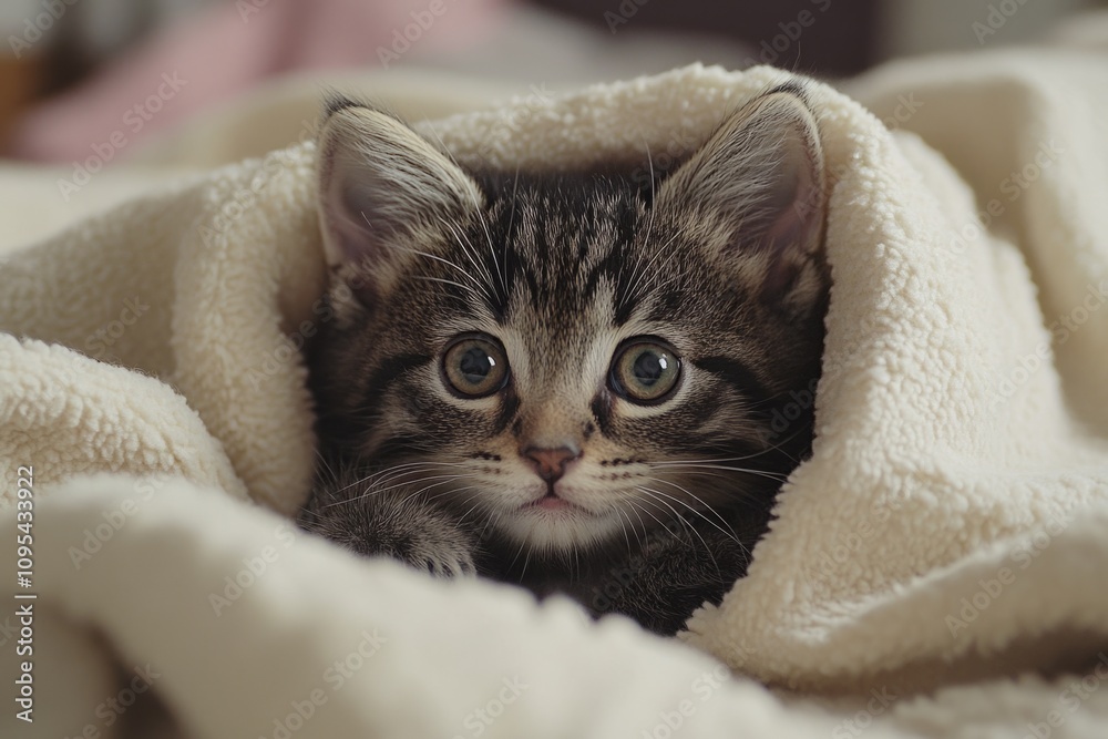 Small gray kitten nestled in a warm, soft blanket, enjoying comfort and security Small gray kitten nestled in a warm, soft blanket, enjoying comfort and security