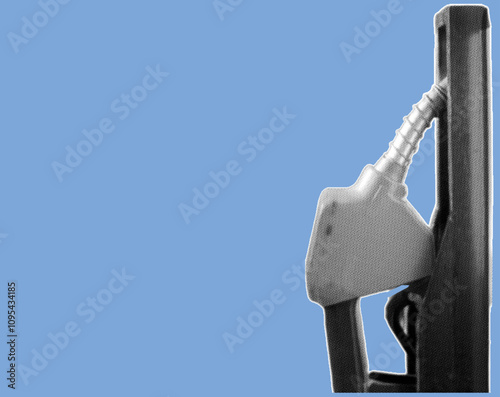 close up side view of fuel nozzle gasoline pump pixelate grayscale color halftone dotted texture style collage element isolated on blue background
