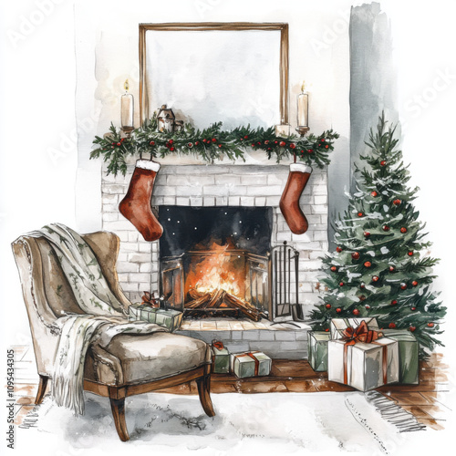 Cozy interior with fireplaces at home. Christmas atmosphere, evening lights. Watercolor illustration.