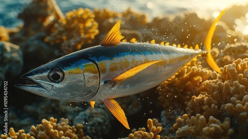Yellowfin tuna swimming near coral reef.