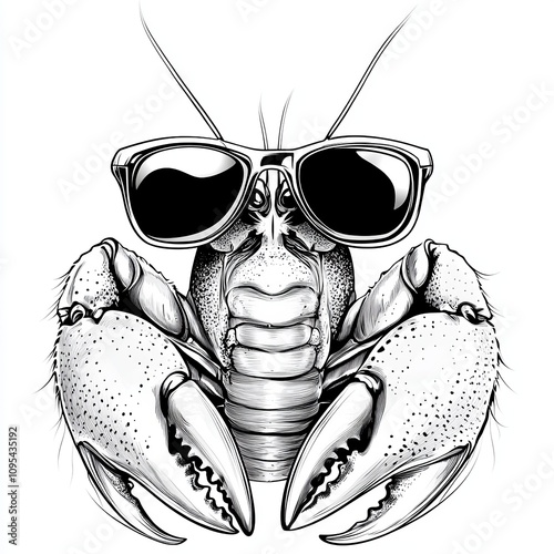 Flying crayfish with wings, side view, monochrome, black and white illustration