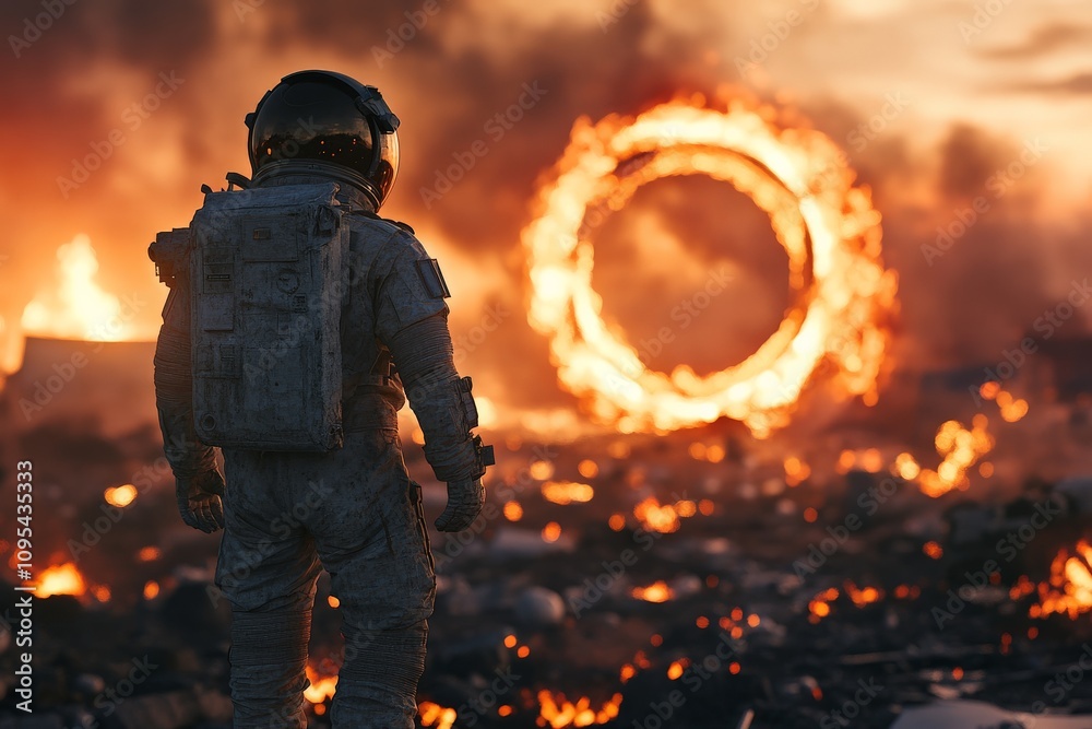 Naklejka premium An astronaut in a rugged suit stands amidst a fiery landscape, staring at a burning ring, evoking a sense of adventure, exploration, and otherworldly wonder.