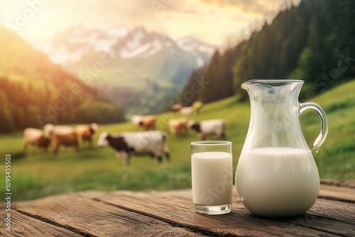 Glass carafe full of wholesome cow milk against nature mountain background with cows on rustic wooden table, dairy product production.