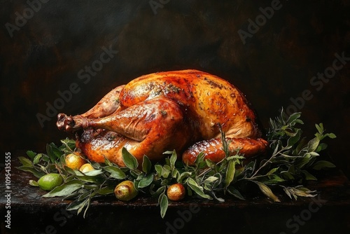 Whole roasted turkey garnished with fresh herbs and citrus fruits, creating a centerpiece for a celebratory meal photo