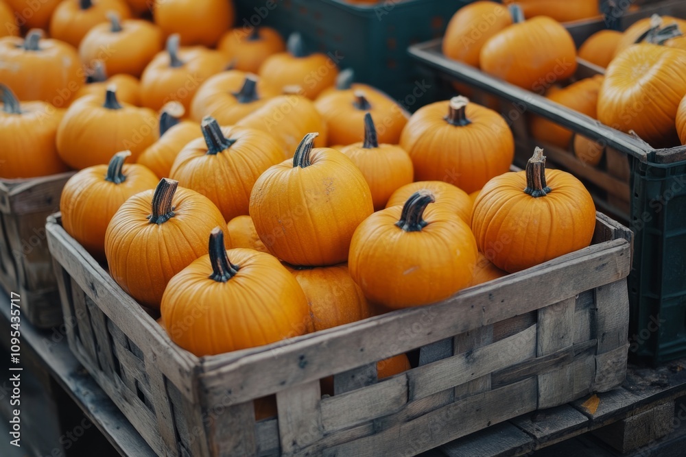 Fresh orange pumpkins for sale, displayed in wooden crates at a local farmers market