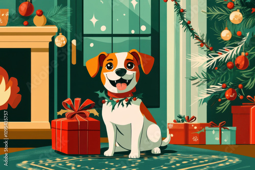 Cute dog with Christmas gift box. Cosy Christmas atmosphere on a background. Modern illustration.