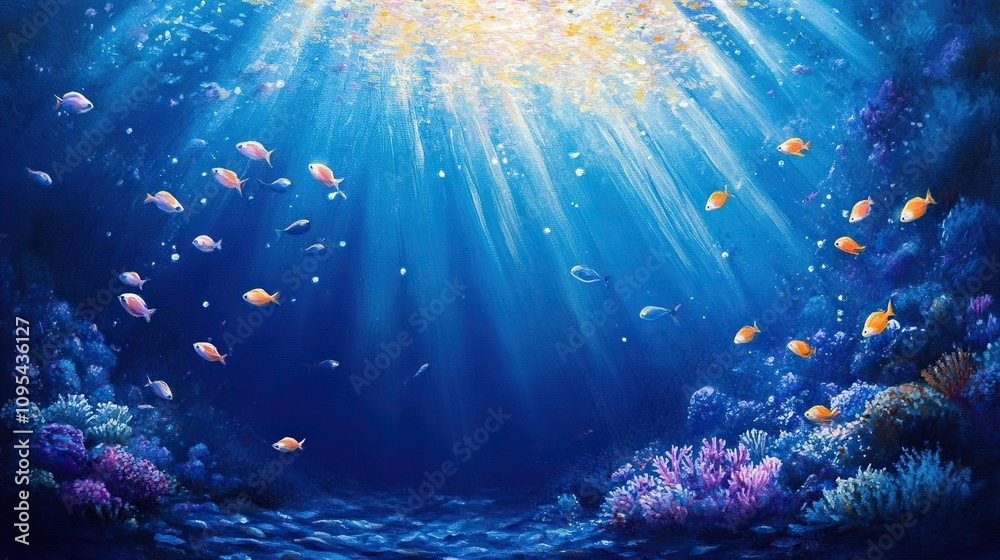 A vibrant underwater scene. Schools of fish swim near colorful coral reefs sunlight shining down.