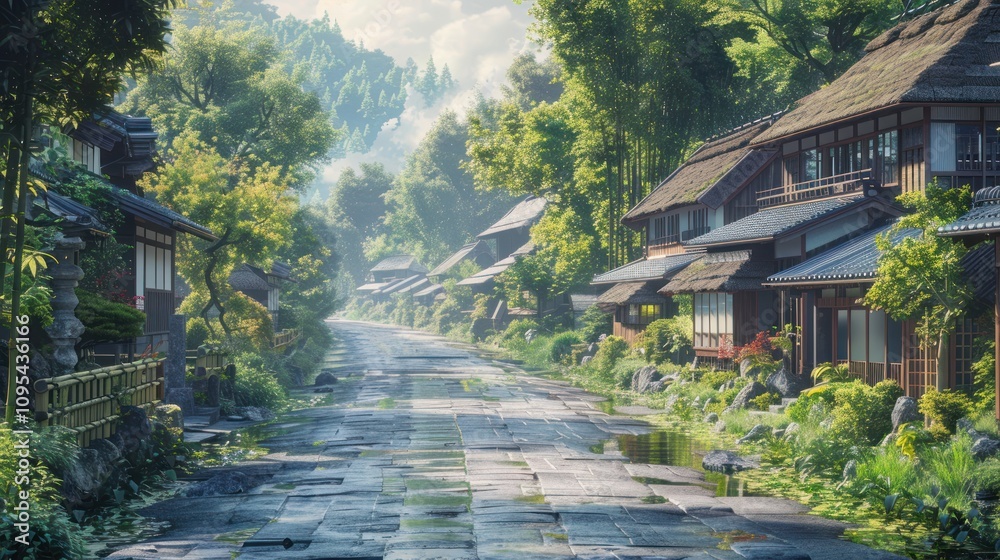 A serene, lush street lined with traditional houses amidst nature. A serene, lush street lined with traditional houses amidst nature.