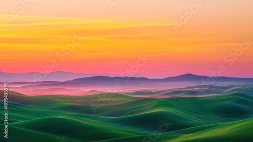 A colorful sunrise over rolling green hills with misty mountains in the distance.