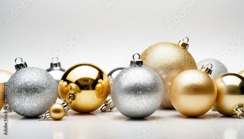 An artistic composition of gold and silver Christmas decorations displayed on a white background, exuding elegance and sophistication in a modern holiday setting