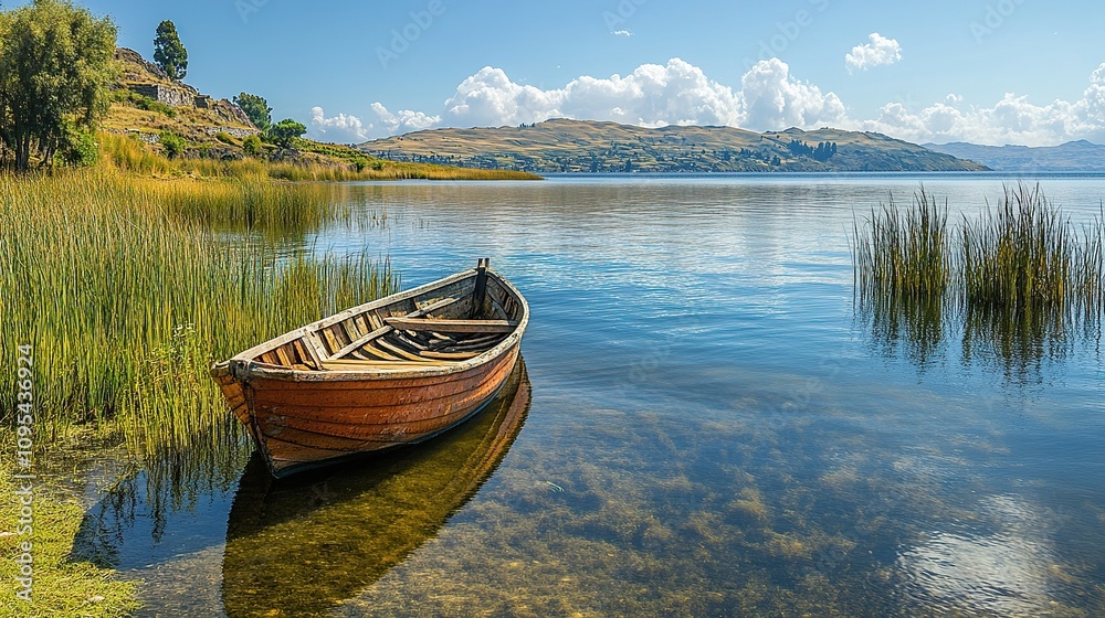 A red rowboat sits on calm water near a wooden dock. A red rowboat sits on calm water near a wooden dock.