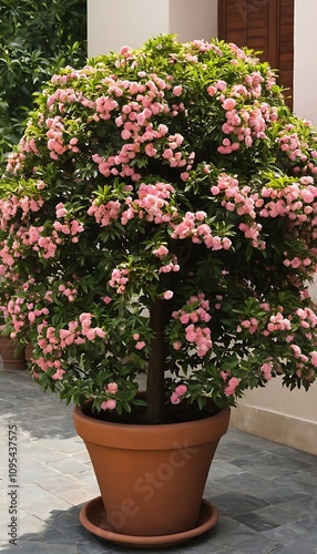 Compact Flowering Rose Tree in Black Planter, Urban Decor.