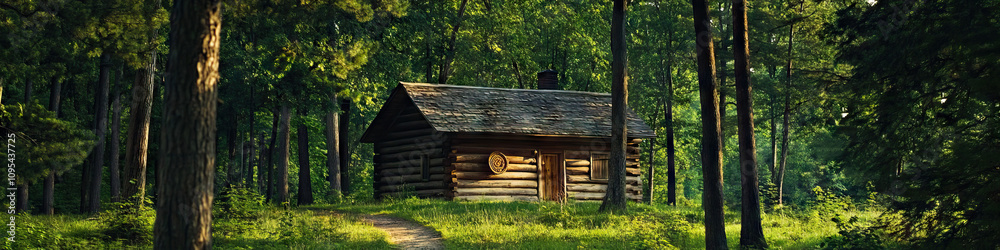 A humble log cabin nestled among tall trees, with a handwoven basket hanging on the door knob.