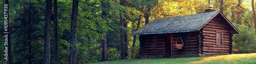 A humble log cabin nestled among tall trees, with a handwoven basket hanging on the door knob. photo