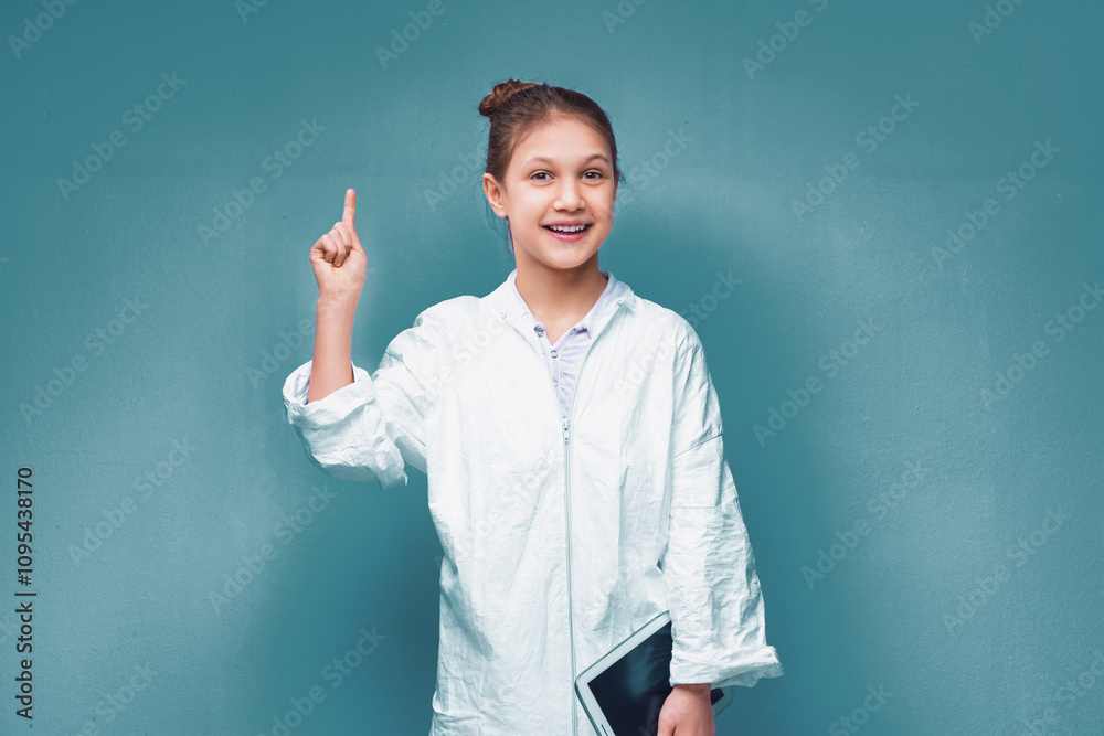 Young scientist girl having an idea and holding tablet computer Young scientist girl having an idea and holding tablet computer