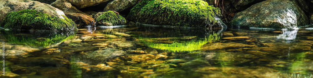 Obraz premium A crystal clear stream flows past mossy rocks, mirroring the serene landscape.