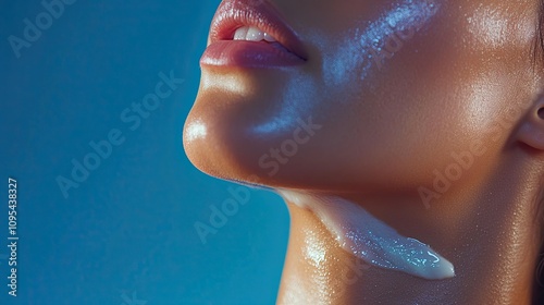 A woman applies cream to her neck. With slow massage movements, a woman rubs cream into her skin.