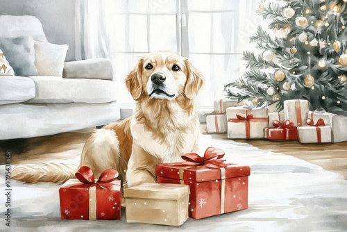 Cute dog with Christmas gift box. Cosy Christmas atmosphere on a background. Watercolor illustration.