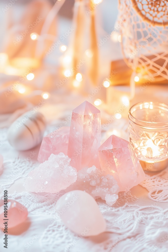enchanting display of rose quartz crystals and glowing candles on a lace-covered table, surrounded by polished stones and delicate dreamcatchers in the background enchanting display of rose quartz crystals and glowing candles on a lace-covered table, surrounded by polished stones and delicate dreamcatchers in the background