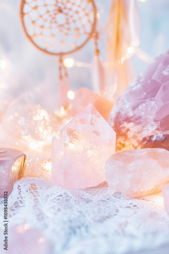 enchanting display of rose quartz crystals and glowing candles on a lace-covered table, surrounded by polished stones and delicate dreamcatchers in the background enchanting display of rose quartz crystals and glowing candles on a lace-covered table, surrounded by polished stones and delicate dreamcatchers in the background