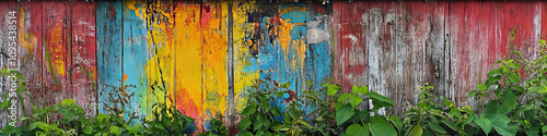 A vivid abstract painting adorns a weathered barn wall, surrounded by lush greenery. photo