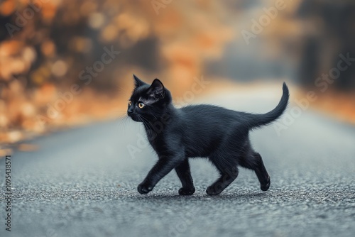 Small black kitten walking on asphalt road in black and white