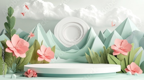 Product banner, podium platform with geometric shapes and nature background