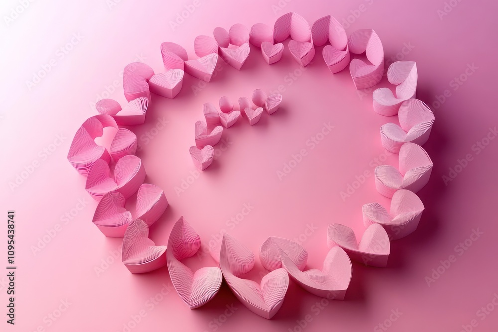 Delicate paper cut hearts in a gradient from light to deep pink, arranged in a swirl on a pastel pink canvas for Valentine's. Delicate paper cut hearts in a gradient from light to deep pink, arranged in a swirl on a pastel pink canvas for Valentine's.