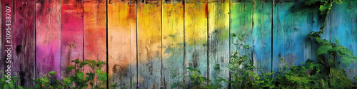 A vivid abstract painting adorns a weathered barn wall, surrounded by lush greenery. photo