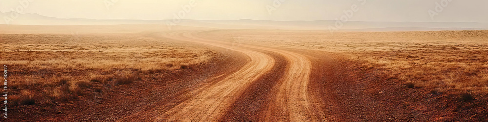 Naklejka premium Close-up shot of a dusty, red earth road winding its way through a desolate landscape, leading to an indistinct horizon.