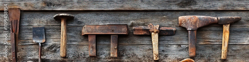 A collection of old, rustic tools lean against an aged barn wall, their weathered surfaces telling stories of past labor and lives. photo