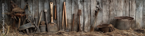 A collection of old, rustic tools lean against an aged barn wall, their weathered surfaces telling stories of past labor and lives. photo