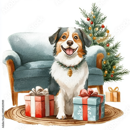 Cute dog with Christmas gift box. Cosy Christmas atmosphere on a background. Watercolor illustration. White background.