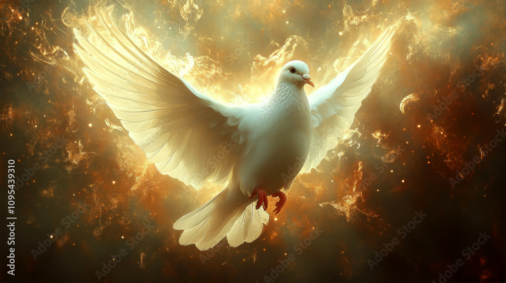 Fototapeta premium White dove soars against a fiery, glowing background with wings outstretched. Concept of peace and freedom. For inspirational content.