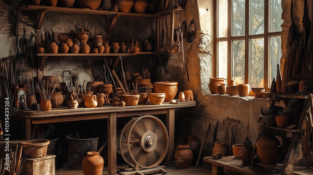 An old workshop with shelves of pottery jars and tools. An old workshop with shelves of pottery jars and tools.
