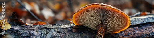 Macro view of a mushroom cap, adorned with intricate ridges and colors, sitting atop a fallen log in a forest setting.