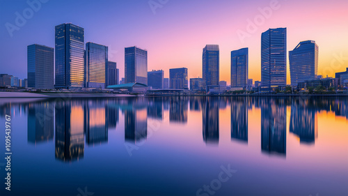 大阪の朝、高層ビルに映る朝日と都市の息吹