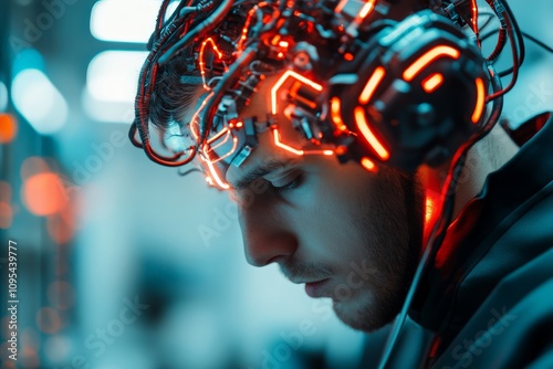 An individual with intricate neural interface gears is deeply engaged in a high-tech environment, symbolizing the fusion of human mind with technology. photo