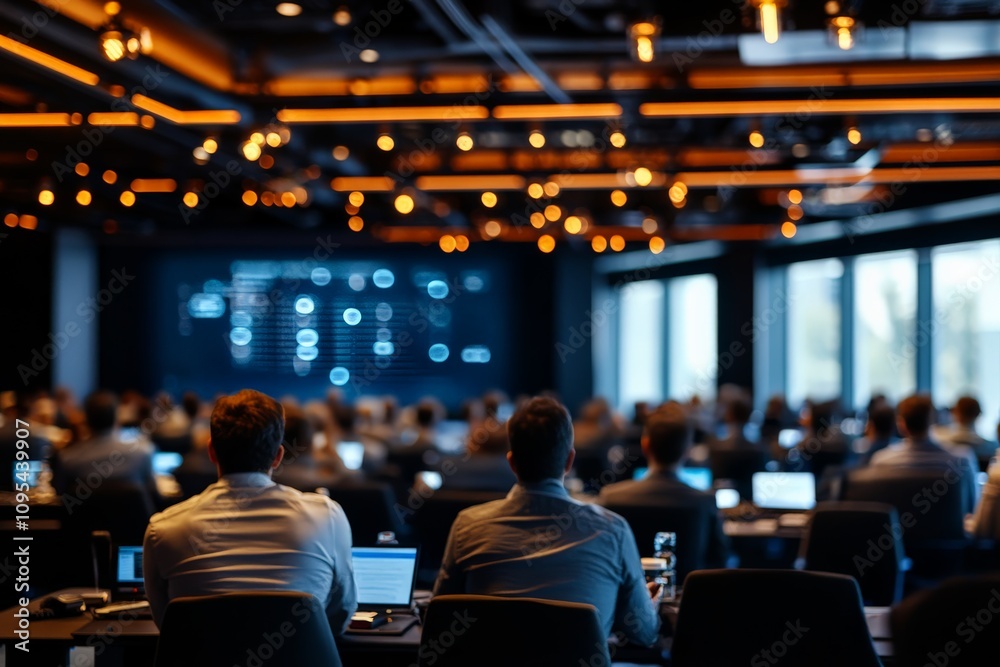 Attendees sit in a well-lit auditorium during a tech conference, watching a presentation on screens, highlighting networking and knowledge sharing among professionals. Attendees sit in a well-lit auditorium during a tech conference, watching a presentation on screens, highlighting networking and knowledge sharing among professionals.