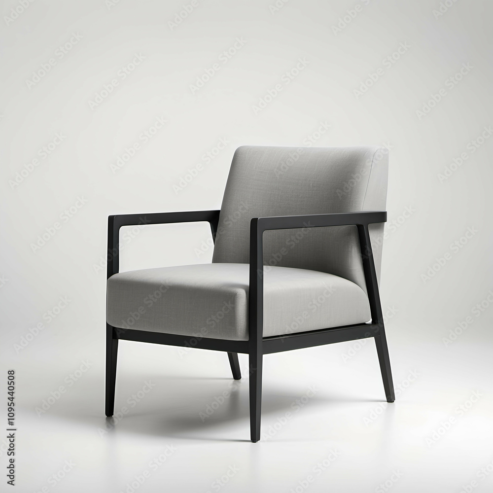 Obraz premium A cozy chair in neutral gray fabric with slim black armrests, placed against a white background.