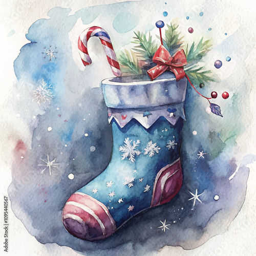 Cheerful Christmas stocking featuring candy and greenery in watercolor style